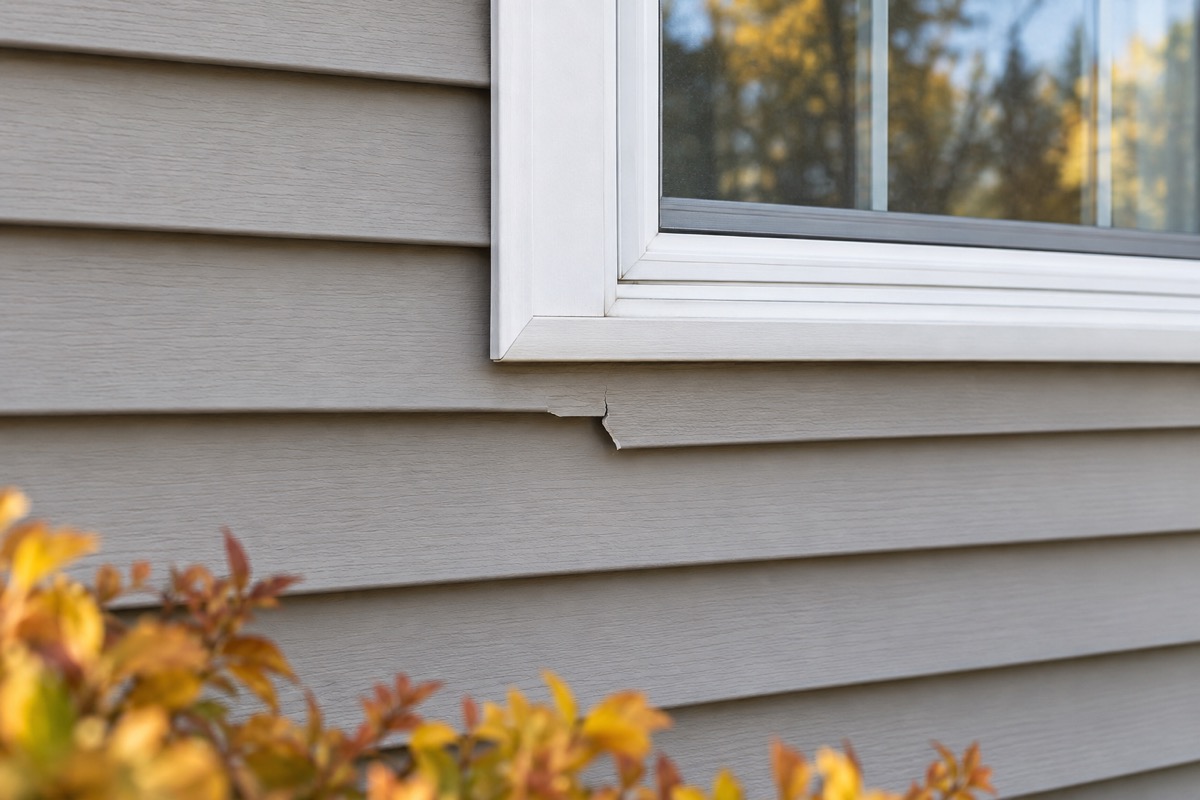 Cracked edge of gray lap siding beneath white window trim