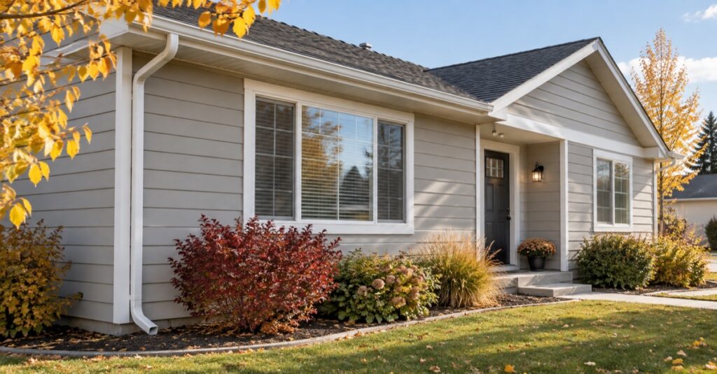 Gray lap siding and white window trim on a single-story home with autumn landscaping