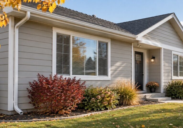 Gray lap siding and white window trim on a single-story home with autumn landscaping